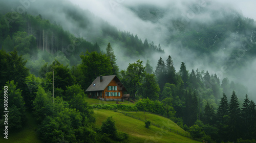 Isolated house in the mountains, beautiful typical northern European house in a lush, green and foggy landscape. © Axel