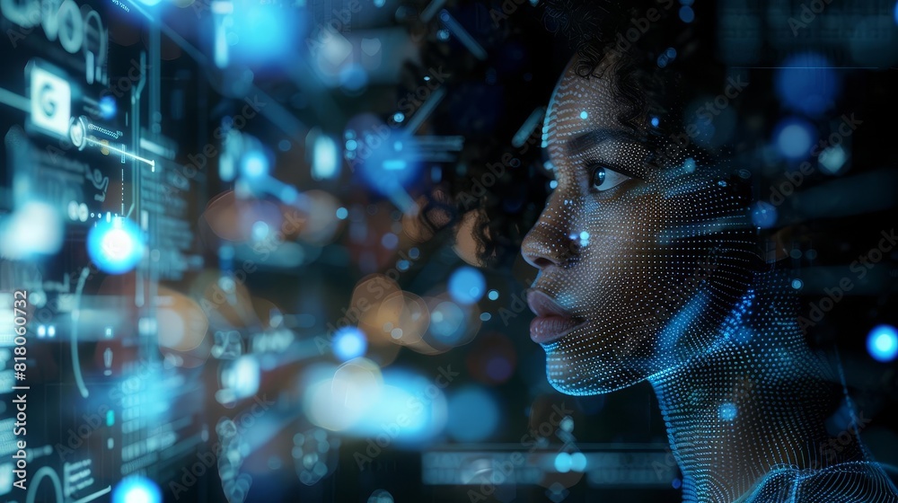 futuristic african american female cyber security analyst ai technology facial recognition concept augmented reality interface digital illustration