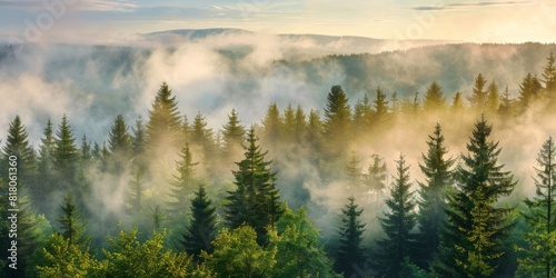 Panoramic Morning Fog in the Forest  A Serene Landscape View