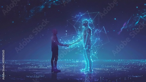 futuristic blue handshake between businessman and digital avatar transformative technology partnership concept illustration