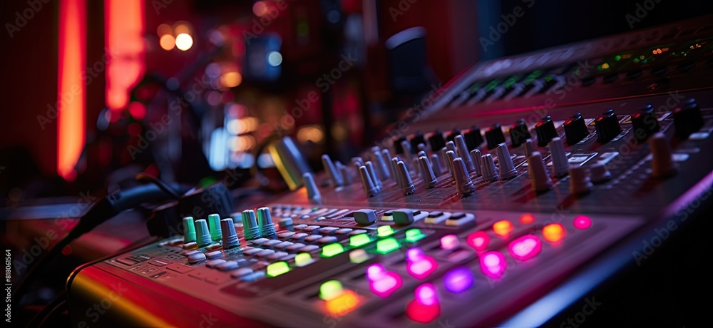 A spacious soundboard adorned with numerous knobs and buttons.