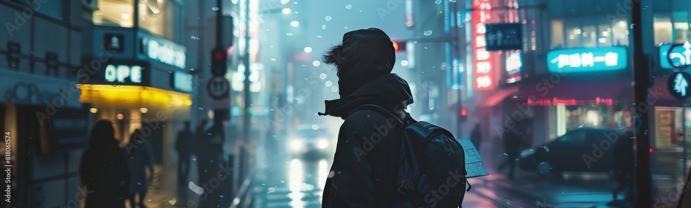 Man standing in the rain in a city