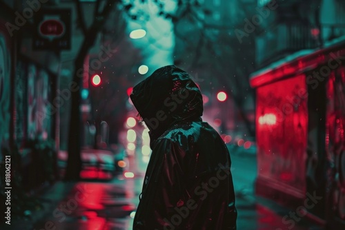 Someone standing on a city street at night with a red light