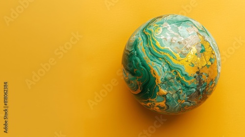 Marble stone rock sphere with gold and green colors on a solid yellow background. Copy space