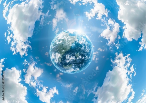 Minimalist Illustration of a Tiny Planet with Cloud-Covered Earth and Blue Sky. Clean Design with Ample Copy Space.