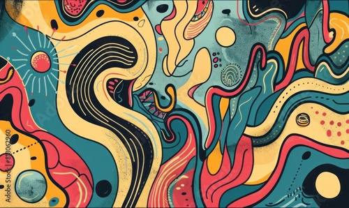 Vibrant abstract background with colorful wavy lines and swirls in shades of blue, yellow, and red