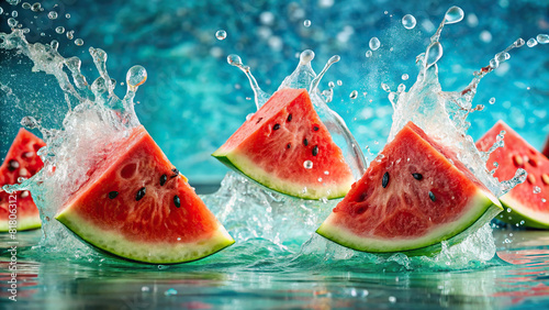A ripe  juicy watermelon slices falling into a crystal-clear pool  creating refreshing splashes