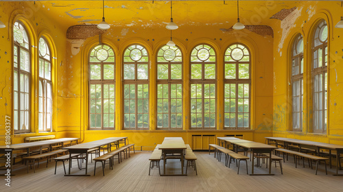 a room with tables and benches in a yellow room with many windows