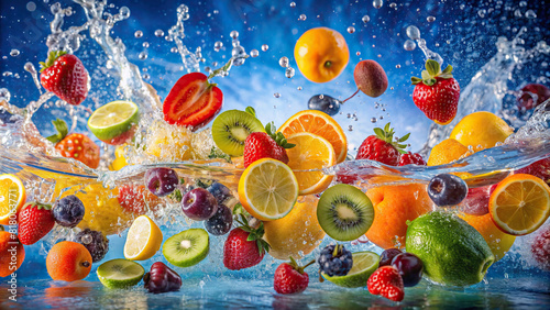 Assorted fruits dropped into water, making lively splashes with a vibrant background