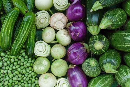 Asian Vegetables. Selection of Bitter Cucumber  Aubergine  Green Beans  and Tofu in Vibrant Colours