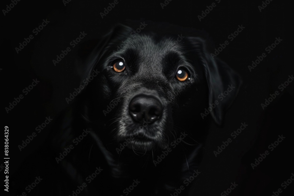 Dog On Black. Cute Big Pet Sitting in Portrait on Black Background Dog On Black. Cute Big Pet Sitting in Portrait on Black Background