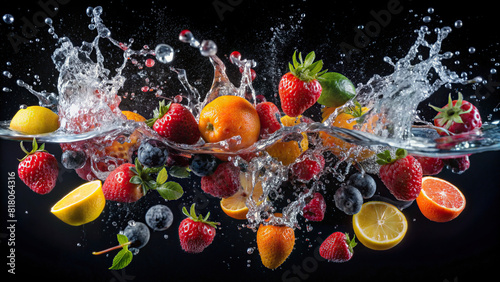 Various fruits being tossed into water  creating dynamic splashes against a dark backdrop