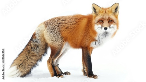 Animal In Snow. Red Fox Hunting with Bushy Tail in Winter Snowscape