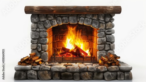 A stone fireplace with a roaring fire in it