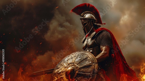 Ancient Greek warrior in armor with helmet and red cape holding sword and shield in a battle scene