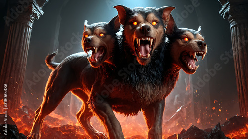 Cerberus, the three-headed guardian of the entrance to the underworld in Greek mythology. 