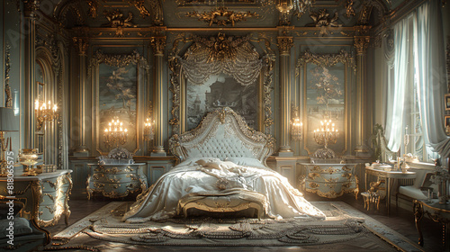 A luxurious, Rococo-era bedroom with a grand, curved headboard and lavish, gilded accents photo