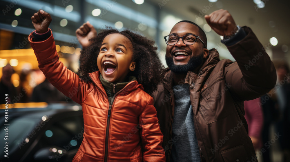 Excited African American Father and Daughter Celebrating in a Busy Mall Excited African American Father and Daughter Celebrating in a Busy Mall