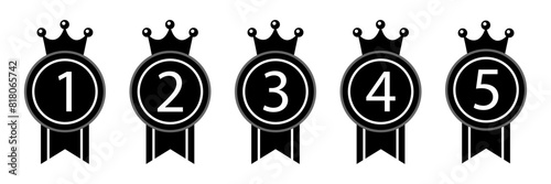 Crown ranking icon set. Ranking crown medal ribbon vector icon set. Achievement and award logo icon. Set of 1, 2, 3, 4, 5 winner rank number. 1st place to 5th place ranking medal vector illustration. 