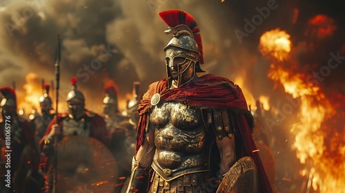 Ancient Greek warrior in armor with helmet and red cape holding sword and shield in a battle scene