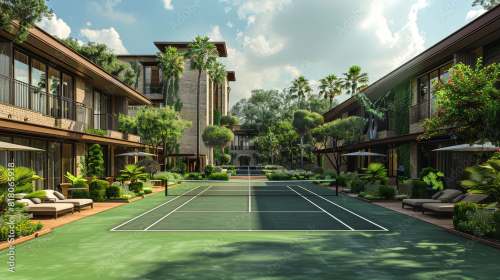 Fototapeta premium exclusive tennis facilities, elegant seating areas surround a luxury club tennis court with a pristine green surface and lush landscaping for a sophisticated experience