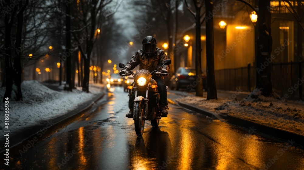 Motorcyclist Riding in Snowy Urban Night Scene with Illuminated Street