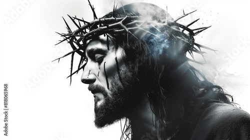 Jesus christ with thorn crown, black and white, watercolor 