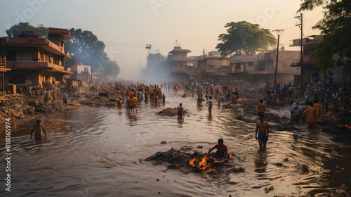 Group of People Swimming in Polluted River in Urban Area at Sunset