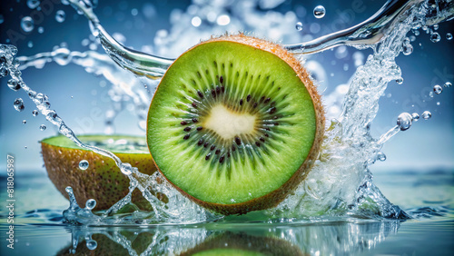 A kiwi being sliced and dropped into water  showcasing its vibrant green color 