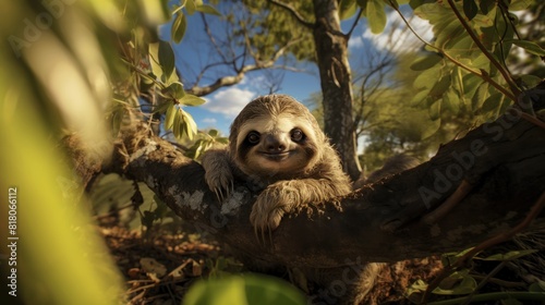 Adorable Sloth Hanging on a Tree Branch in Peaceful Forest