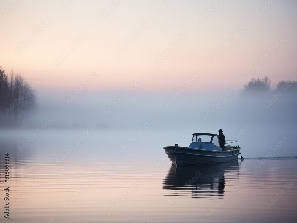 Boat gliding on tranquil waters under sunset skies, framed by serene lake and gentle river currents, surrounded by nature's soothing embrace. generative AI Boat gliding on tranquil waters under sunset skies, framed by serene lake and gentle river currents, surrounded by nature's soothing embrace. generative AI