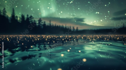 The still waters of a crystalline lake capturing the iridescent reflections of the Northern Lights above. photo