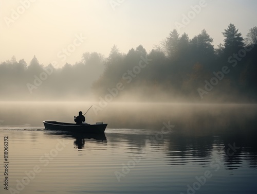 Foggy Lake Sunset with Boat. generative AI