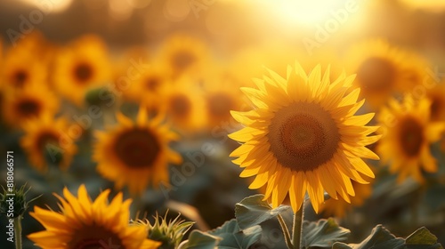 A field of sunflowers bathed in the warm glow of the setting sun