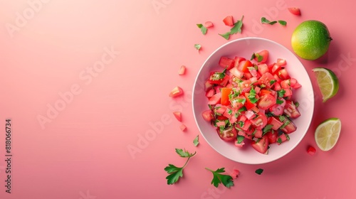 Ceviche on solid pink background. Copy Space on the side. Generative AI