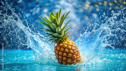 A ripe pineapple chunk plunging into a pool, creating a tropical splash  photo