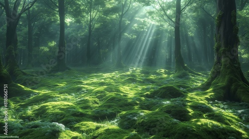 A lush  moss-covered forest floor bathed in dappled sunlight