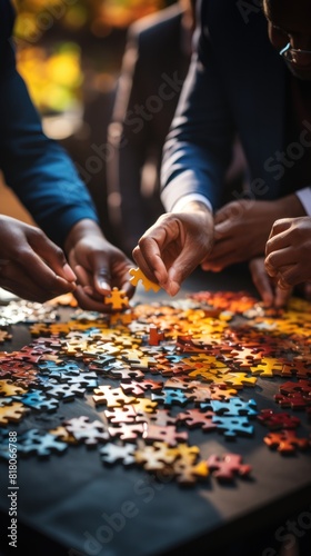 Multiracial Team Collaborating on Puzzle Assembly in Bright Setting