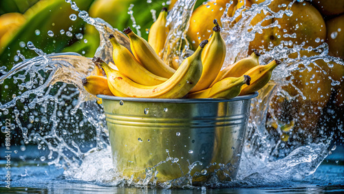 A bunch of bananas being dunked into a bucket of water, creating playful splashes