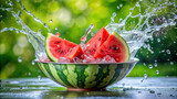 A slice of juicy watermelon being dropped into a basin of water, creating a refreshing splash