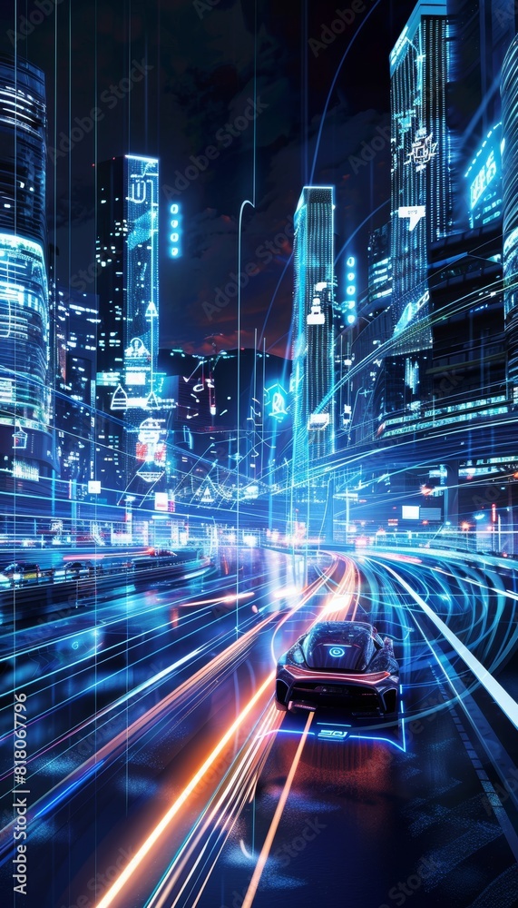 Futuristic Self-Driving Car Navigating a Smart City at Night Futuristic Self-Driving Car Navigating a Smart City at Night