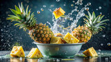 Pineapple chunks dropped into a basin of water, causing playful splashes 