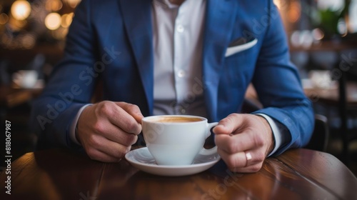 Portrait young businessman in a blue suit holds a cup of coffee drink in the cafe table. Generate AI