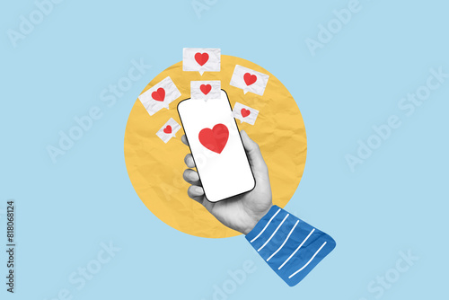 Creative art collage of Mobile phone with blank screen and red heart. Concept of send message encouraging,donate, love, valentine's day