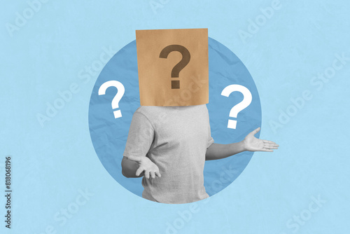 Creative art collage of question mark, choosing, business choice. A man wearing a paper bag on him head  with question mark