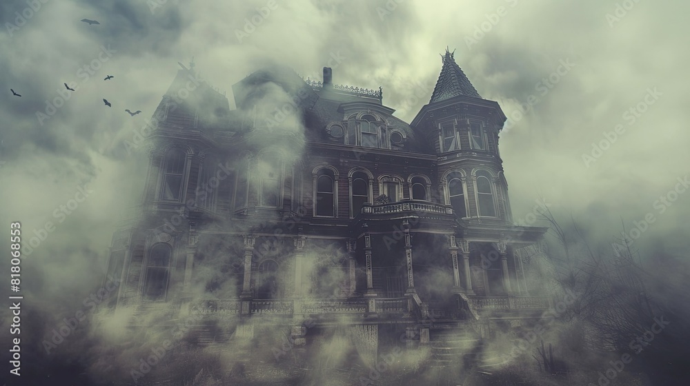 Spooky fog swirling around haunted house Spooky fog swirling around haunted house