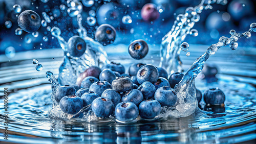 Fresh blueberries falling into a pool, generating small splashes and ripples