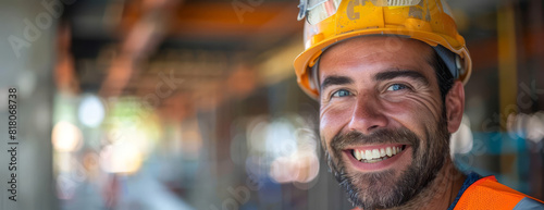A construction worker wearing a hard hat and safety glasses smiles at the camera. He is standing in front of a building under construction.