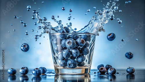 Fresh blueberries dropping into a glass of water, with tiny splashes captured in motion  photo