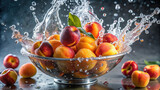 Fresh peaches being tossed into a basin of water, creating playful splashes 